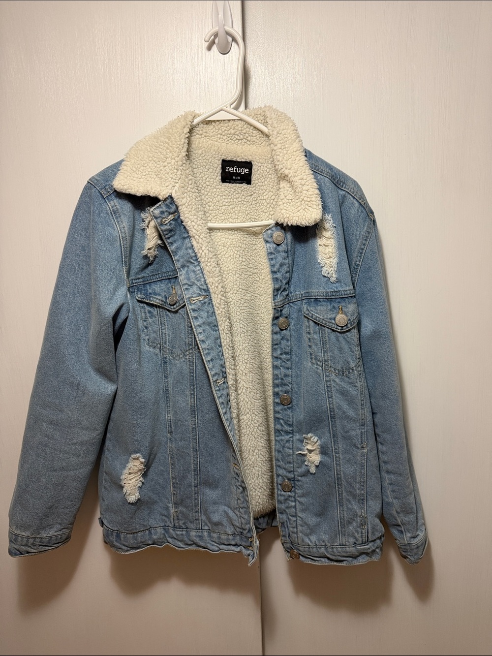 refuge Light Blue Denim Sherpa Jacket with Cream Lining